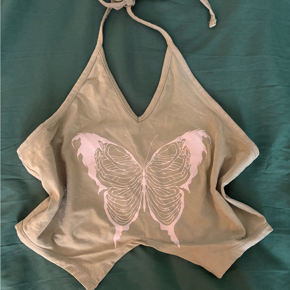 Hot Topic Sage Green butterfly skeleton halter top